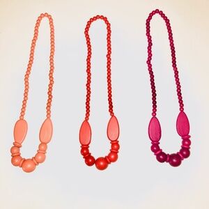 Bohemian Vibrant Wood Bead Necklace Set • Red Orange Fuchsia • 30" Long Layering
